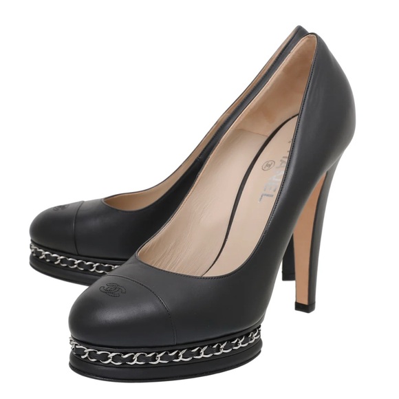 Calfskin CC Cap Toe Platform Chain Pumps - Picture 1 of 4